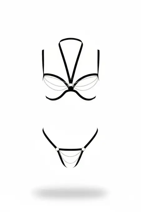 Siyah Harness Takım Zincir Detaylı Vücut Braleti - APFT1204 - 1