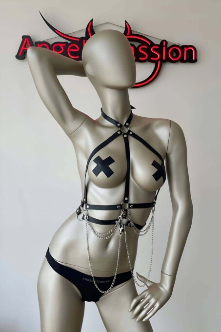 Siyah İç Çamaşır Modelleri Fantazi Deri Harness - 3