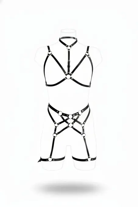 Siyah Jartiyer Harness Deri Halkalı Vücut Takımı - APFT507 - 1