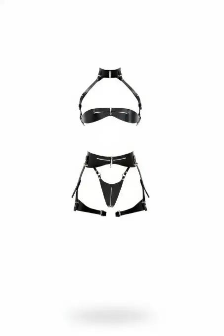 Siyah Jartiyer Harness Suni Deri Fermuar Detaylı Bralet Takım - APFT1373 - 1