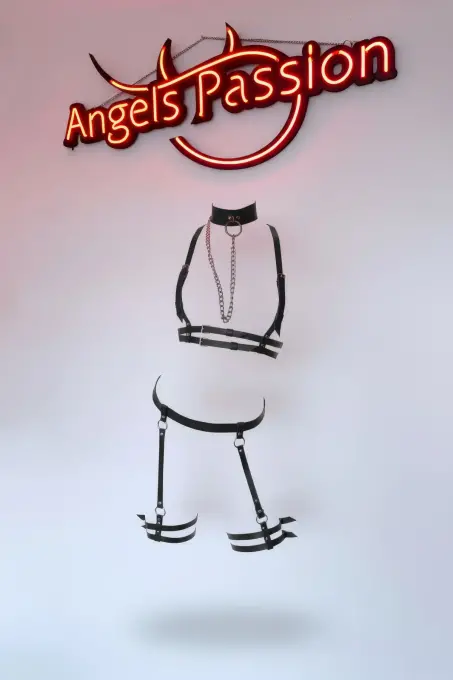 Siyah Jartiyer Harness Zincir Detaylı Gerdanlık Yaka Seti - APFT516 - 1