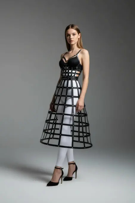 Siyah Kadın Etek Suni Deri Etek Kafes Yapılı Midi Boy Deri Etek - APFT1013 - 1