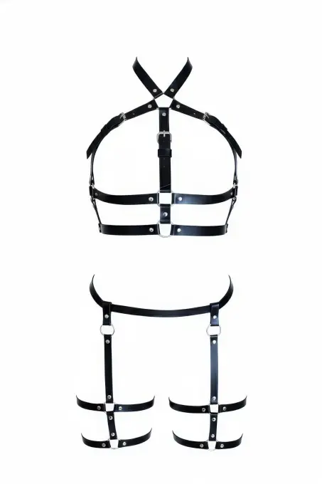 Siyah Kadın Harness Takım Deri Çok Bantlı Tokalı Vücut Seti - APFT272 - 1