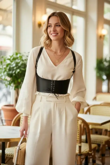 Siyah Kadın Kemer Bağcıklı Geniş Korsaj Detaylı - APFT855 - 5