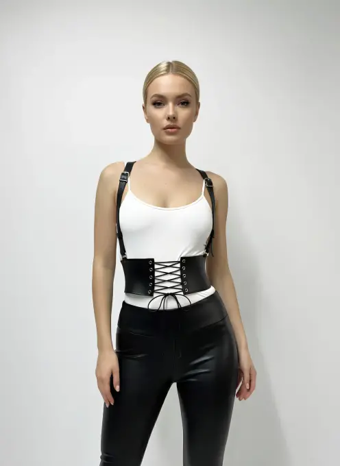 Siyah Kadın Kemer Bağcıklı Kalın Korse Bel Aksesuarı - APFT822 - 5