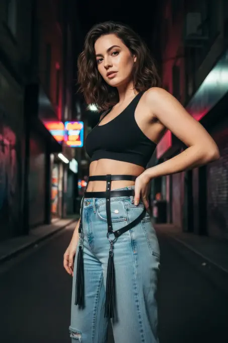 Siyah Kadın Kemer Çift Bantlı Püskül Detaylı - APFT645 - 2