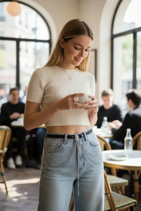 Siyah Kadın Kemer Çok Katmanlı Zincir Detaylı - APFT922 - 1