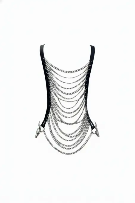 Siyah Kadın Kemer Çok Katmanlı Zincir Detaylı Vücut Aksesuarı - APFT399 - 1