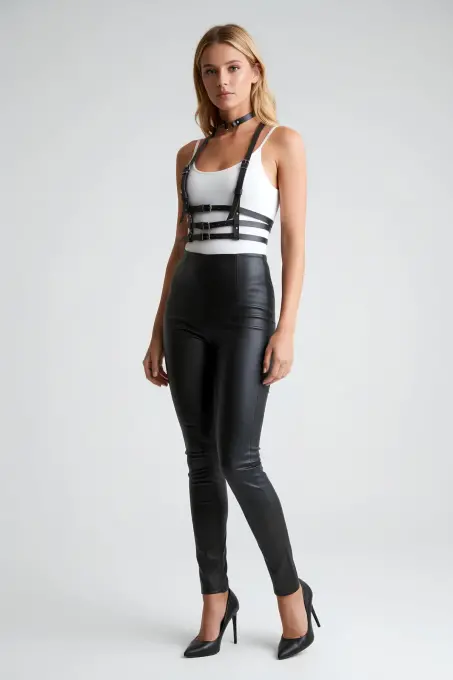 Siyah Kadın Kemer Çoklu Tokalı Deri Vücut Aksesuarı - APFT615 - 3