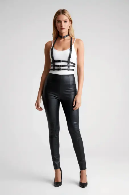 Siyah Kadın Kemer Çoklu Tokalı Deri Vücut Aksesuarı - APFT615 - 4