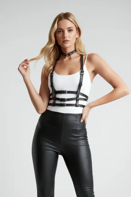 Siyah Kadın Kemer Çoklu Tokalı Deri Vücut Aksesuarı - APFT615 - 7