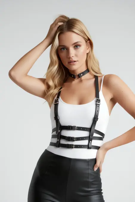 Siyah Kadın Kemer Çoklu Tokalı Deri Vücut Aksesuarı - APFT615 - 8