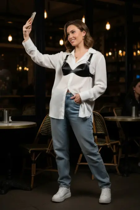 Siyah Kadın Kemer Deri Büstiyer Kesimli Omuz Detaylı - APFT1149 - 3