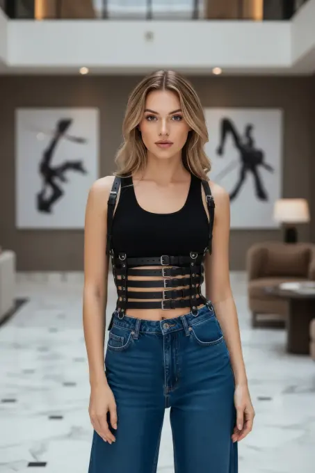 Siyah Kadın Kemer Deri Çok Tokalı Vücut Aksesuarı - APFT630 - 5