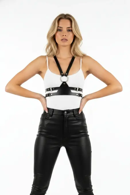 Siyah Kadın Kemer Deri Halka Detaylı Vücut Aksesuarı - APFT20 - 2