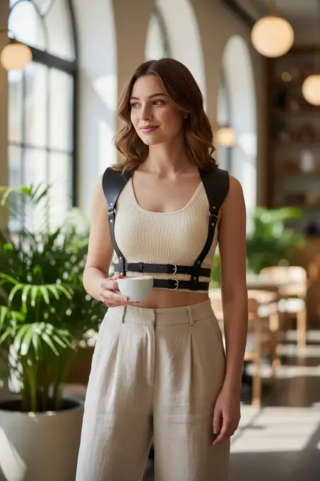 Siyah Kadın Kemer Deri Omuz Detaylı Vücut Aksesuarı - APFT966 - 5