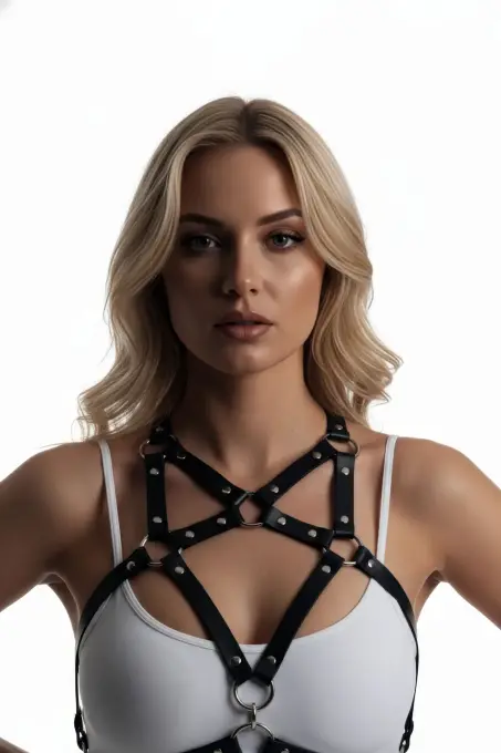 Siyah Kadın Kemer Deri Vücut Aksesuarı Çapraz Detaylı - APFT108 - 3