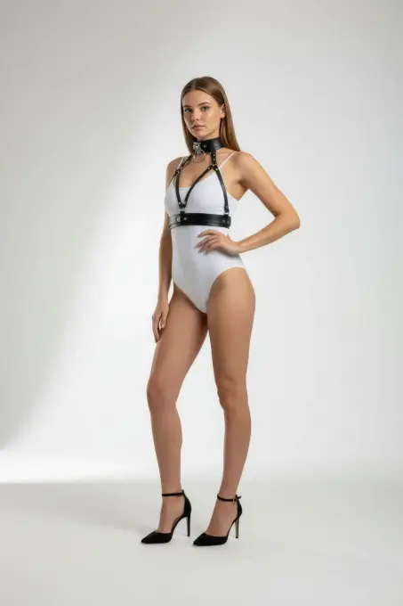 Siyah Kadın Kemer Deri Vücut Aksesuarı Halka Detaylı - APFT841 - Angels Passion (1)