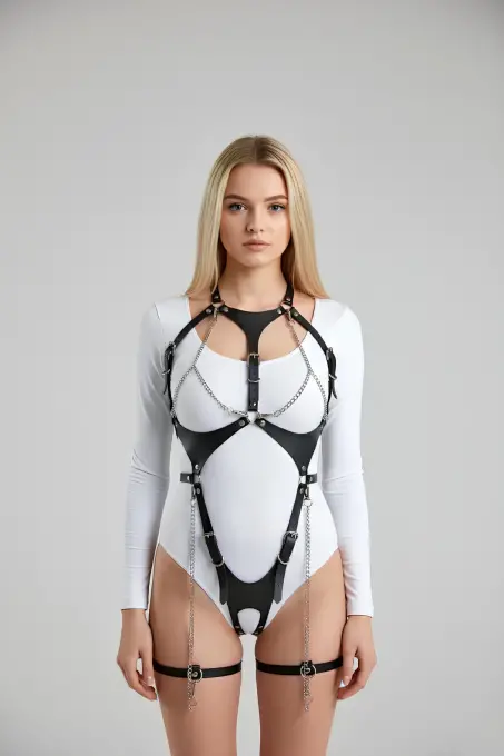 Siyah Kadın Kemer Deri Vücut Zincir Detaylı Koşum - APFT1098 - 1