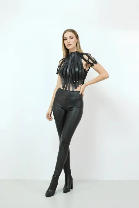 Siyah Kadın Kemer Deri Zımba Detaylı Vücut Aksesuarı - APFT1257 - 6