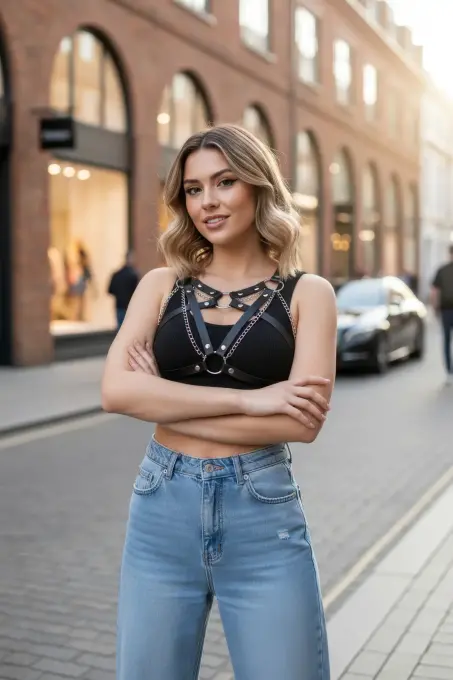 Siyah Kadın Kemer Deri Zincir Detaylı Vücut Aksesuarı - APFT741 - 5