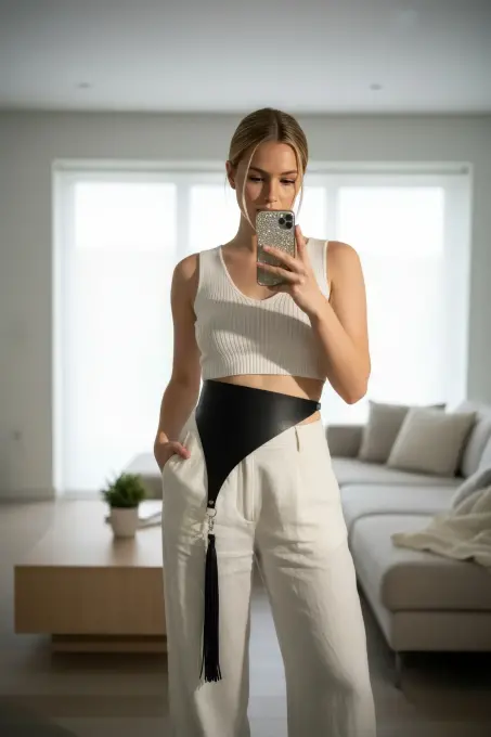 Siyah Kadın Kemer Geniş Asimetrik Kesimli Püskül Detaylı - APFT1198 - 1