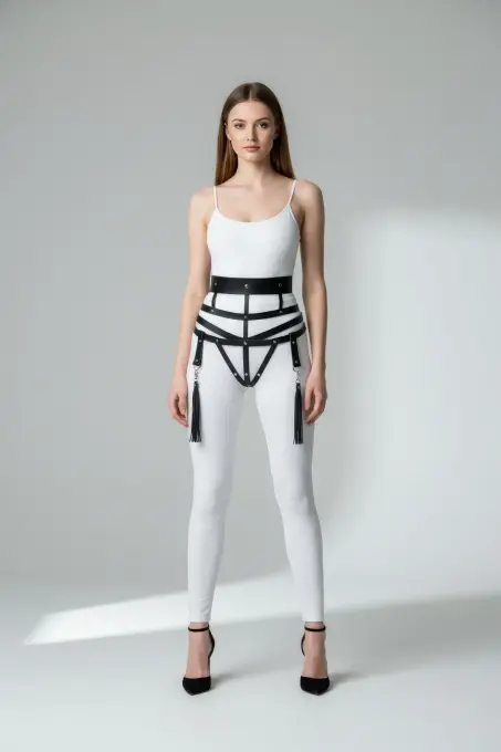 Siyah Kadın Kemer Geniş Deri Korse Detaylı Püsküllü - APFT397 - Angels Passion (1)