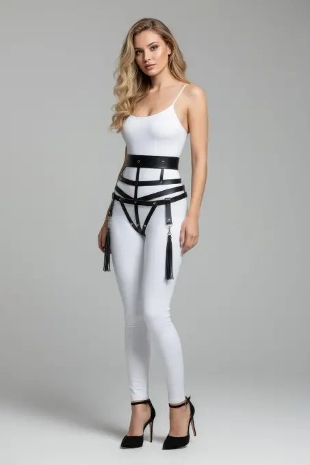 Siyah Kadın Kemer Geniş Deri Korse Detaylı Püsküllü - APFT397 - 3