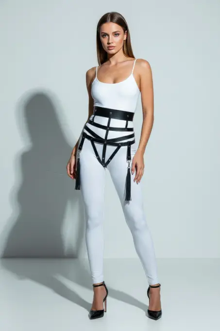 Siyah Kadın Kemer Geniş Deri Korse Detaylı Püsküllü - APFT397 - 4