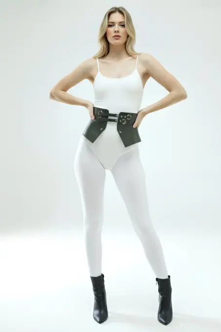 Siyah Kadın Kemer Geniş Korse Detaylı Çift Toka - APFT611 - 5