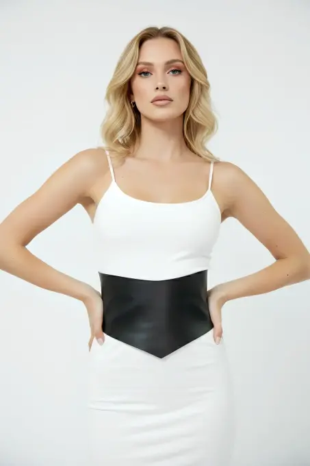 Siyah Kadın Kemer Geniş Suni Deri Korsaj Bel Kemeri - APFT1112 - 1