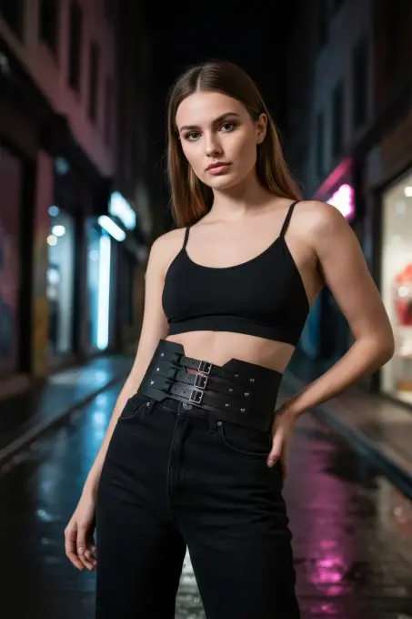 Siyah Kadın Kemer Geniş Üç Tokalı Zımbalı Bel Aksesuarı - APFT618 - 3