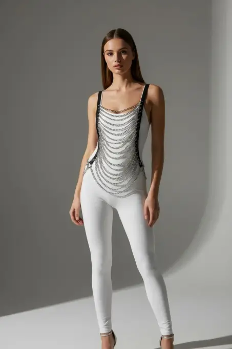 Siyah Kadın Kemer Katmanlı Zincir Detaylı Vücut Aksesuarı - APFT399 - 1