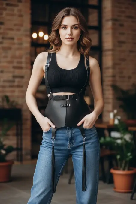 Siyah Kadın Kemer Korse Tipi Püskül Detaylı Bel Aksesuarı - APFT787 - 5