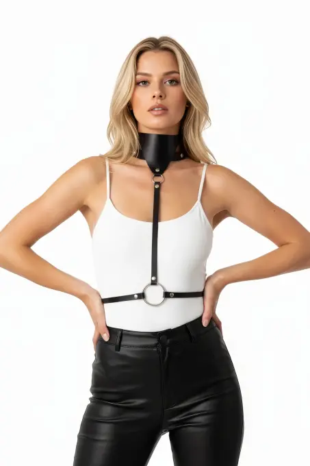 Siyah Kadın Kemer Metal Halka Detaylı Vücut Aksesuarı - APFT18 - Angels Passion (1)