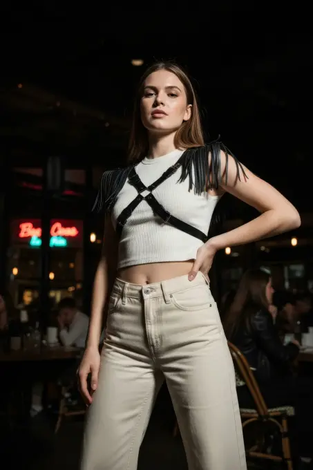 Siyah Kadın Kemer Püskül Detaylı Deri Vücut Aksesuarı - APFT1240 - 2