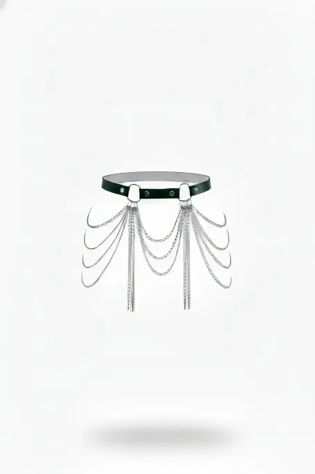 Siyah Kadın Kemer Suni Deri Gümüş Zincir Püsküllü - APFT729 - 1