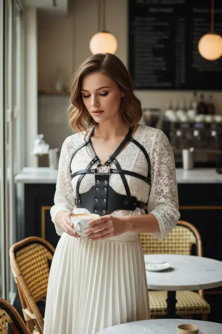 Siyah Kadın Kemer Suni Deri Zımbalı Vücut Aksesuarı - APFT1146 - 2