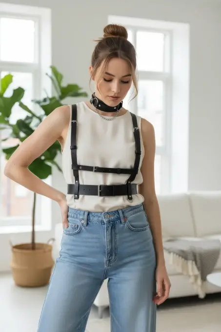 Siyah Kadın Kemer Vücut Harness Detaylı Bel Aksesuarı - APFT959 - 1