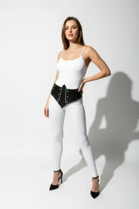 Siyah Kadın Kemer Zımba Detaylı Kalın Yüksek Bel - APFT905 - 4