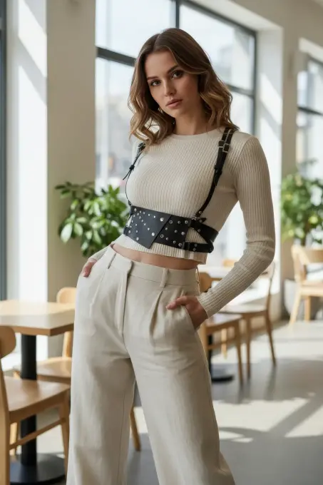 Siyah Kadın Kemer Zımbalı Bel Çantalı Deri - APFT918 - 3