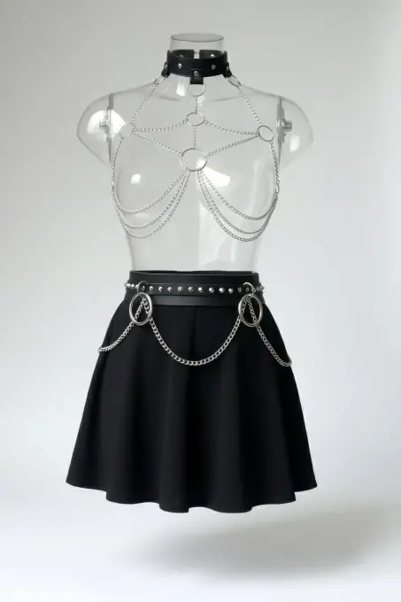 Siyah Kadın Kemer Zımbalı Zincir Detaylı Bel Aksesuarı - APFT413 - 1