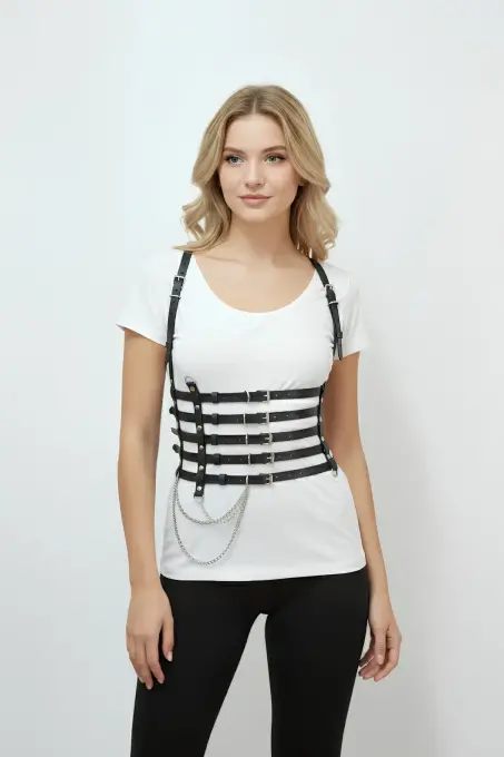 Siyah Kadın Kemer Zincir Detaylı Çok Bantlı Korse Bel Aksesuarı - APFT626 - 5