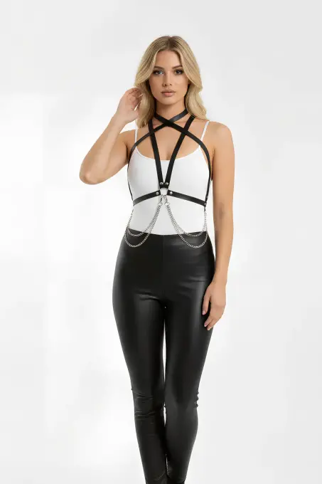 Siyah Kadın Kemer Zincir Detaylı Deri Vücut Aksesuarı - APFT52 - 3