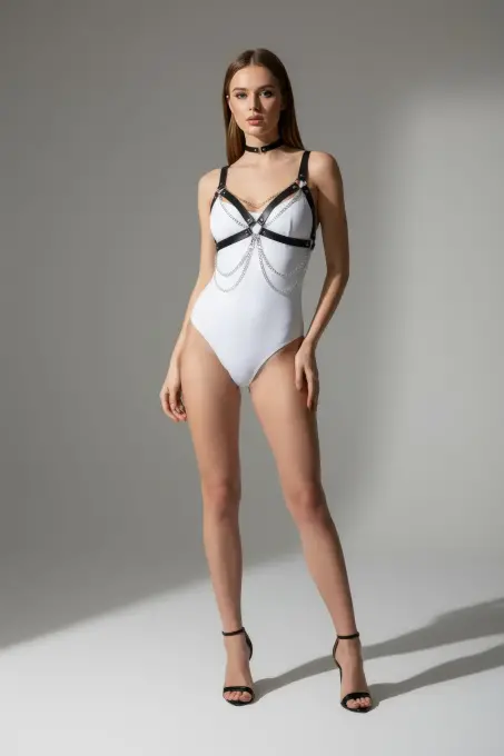 Siyah Kadın Kemer Zincir Detaylı Deri Vücut Aksesuarı - APFT952 - 3