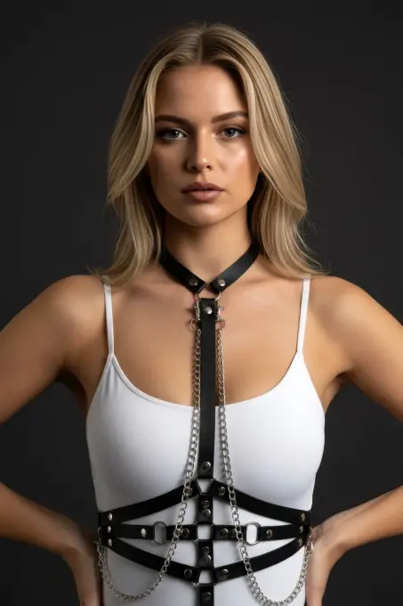 Siyah Kadın Kemer Zincir Detaylı Deri Vücut Kemer - APFT13 - 3