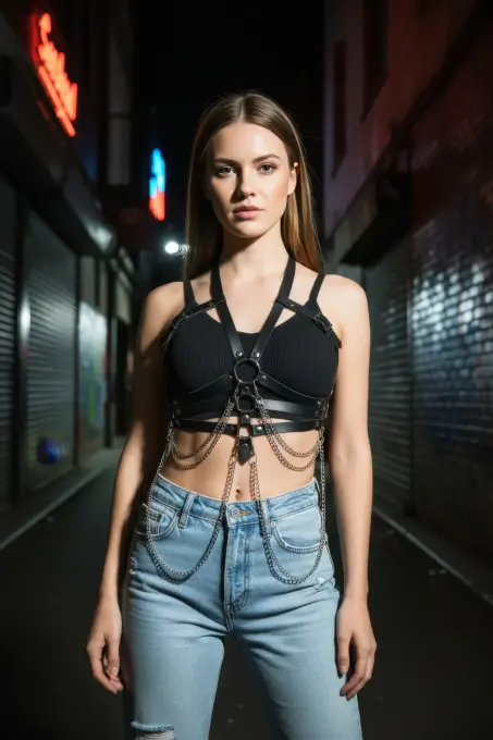 Siyah Kadın Kemer Zincir Detaylı Deri Vücut Kemeri - APFT9 - 3