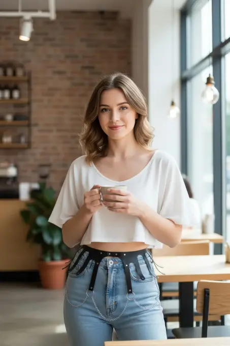 Siyah Kadın Kemer Zincir Detaylı Geniş Bel Aksesuarı - APFT948 - 5