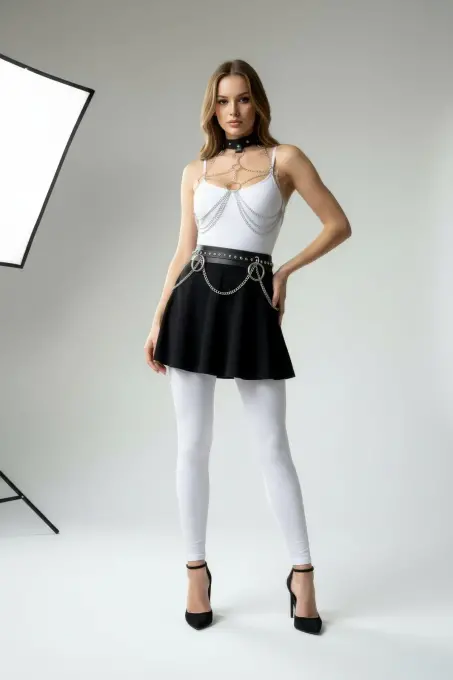 Siyah Kadın Kemer Zincir Detaylı Halka Tokalı Suni Deri - APFT413 - 1