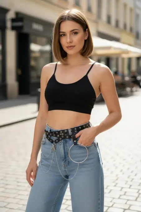 Siyah Kadın Kemer Zincir Detaylı Kuş Gözü Tokalı - APFT621 - 5